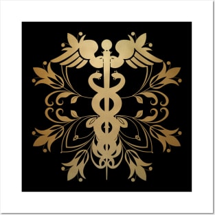 Abstract Floral Caduceus - Gold Posters and Art